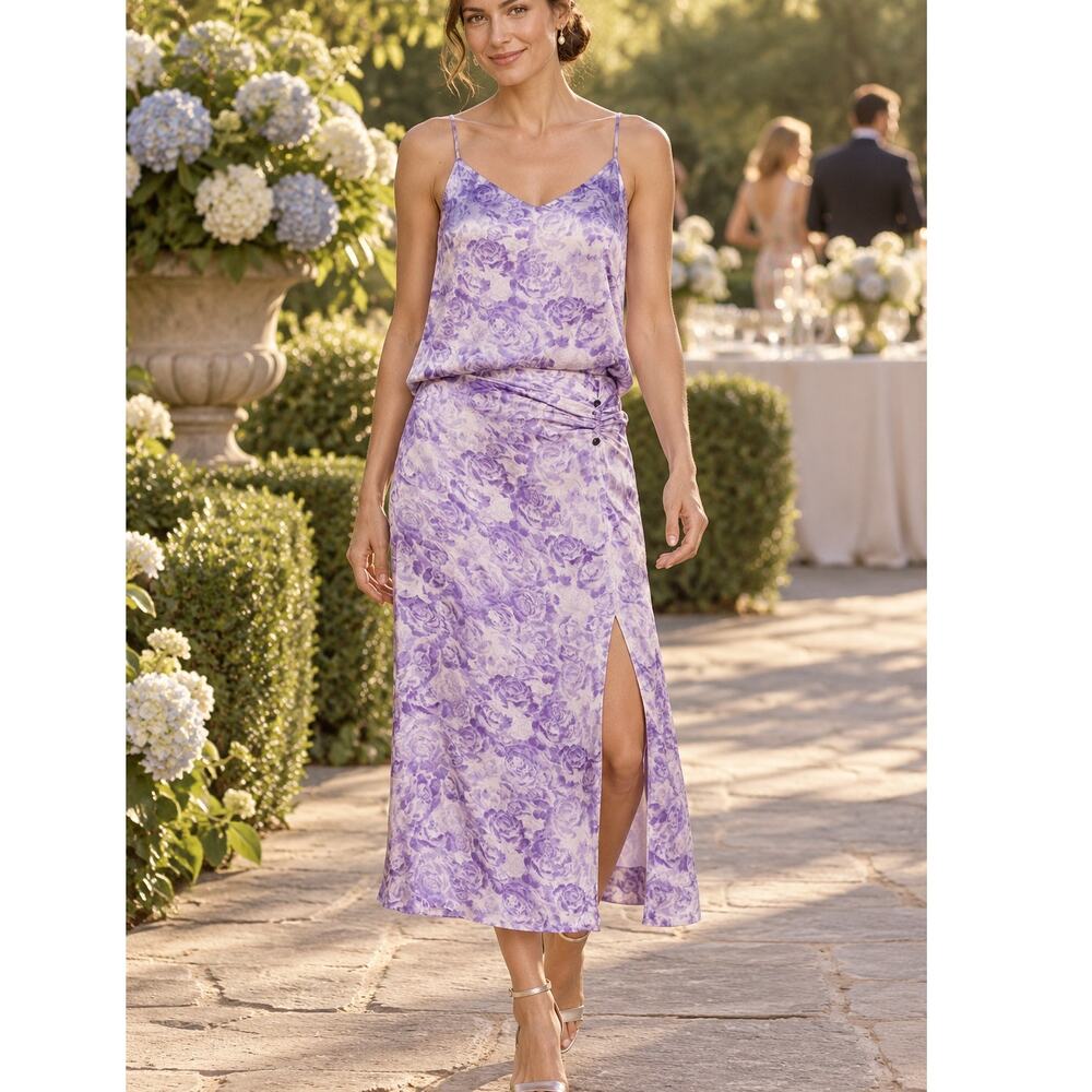 GANNI Violet Tulip Heavy Satin Cami Pierced Midi Skirt 2 Piece Set 42 US 10/12